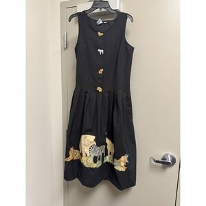 Vintage Button Heads Black Safari Animal Print Pleated Midi Dress Women's Size 8